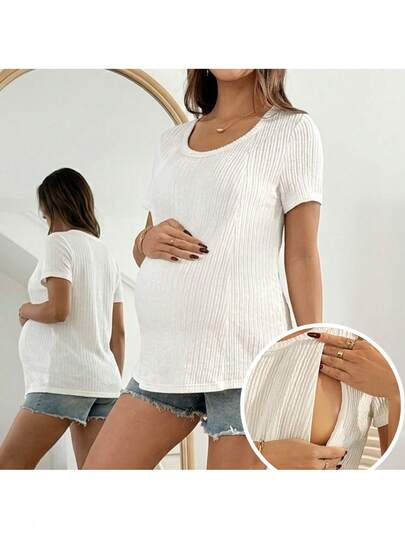 Áo thun ngắn tay cổ tròn màu trơn dành cho bà bầu và cho con bú