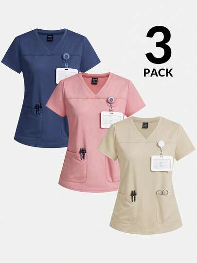 TaskEZ Áo đồng phục y tế tay ngắn cổ chữ V màu trơn, có hai túi