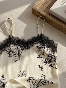 Resyla Lace Trim Plants Print Satin Pajama Set - Beige - View 3