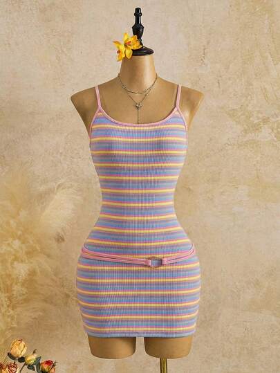 Femesol Casual vakantiejurk, kleurrijk, aansluitend, mouwloos, kort, met metalen decoratieve knopen