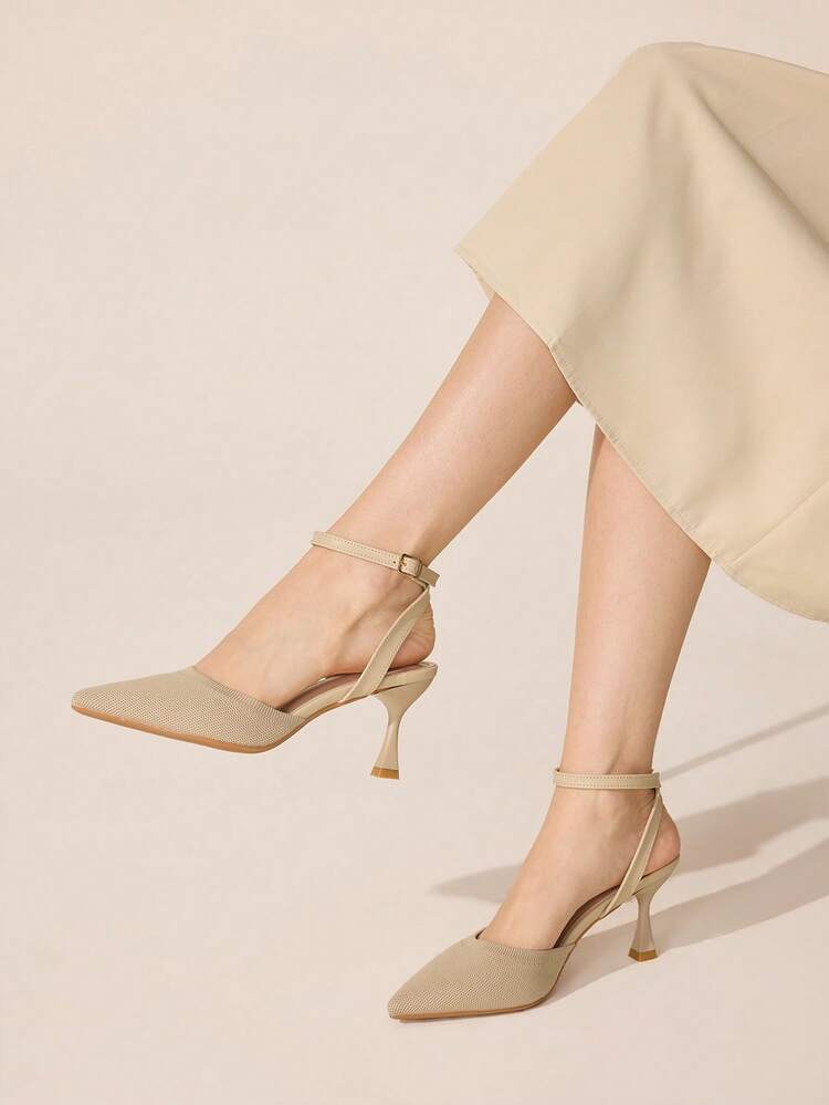 CUCCOO BASICS Apricot Knit Fabric Ankle Strap Pointed Toe Stiletto High Heel Women's Pumps, Comfortable For Commuting, Office, Vacation And Everyday Wear Spring Shoes