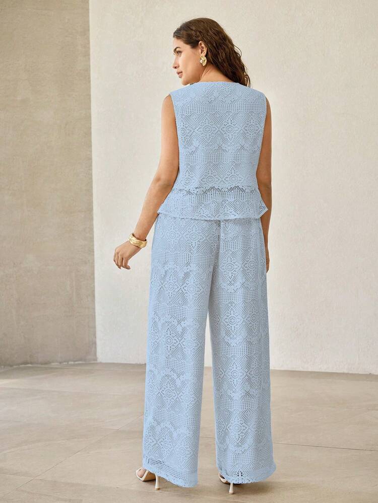 SUMMER LACE HOLLOW OUT TOP & PANTS SET, MATCHING VEST, FRENCH LACE FASHIONABLE VERSATILE PLUS SIZE WOMEN 2 PIECES OUTFIT