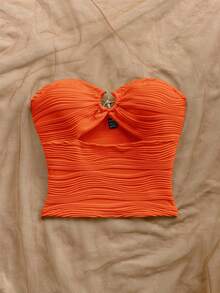 Soleia 女士度假针织上衣，波浪纹理，金属海星装饰，无肩带，休闲，适合约会、下午茶、海滩、邮轮、公路旅行、音乐节、派对、波西米亚风等场合。 - 橘色 - 查看 6