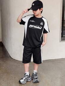 SHEIN 2pcs/Set Kids/Tween Boys' Casual Korean Style Colorblock Graphic Print Round Neck Short Sleeve T-Shirt And Shorts Set, Suitable For Commuting, School, Daily Casual Wear, Sports, Spring/Summer - Black - View 5