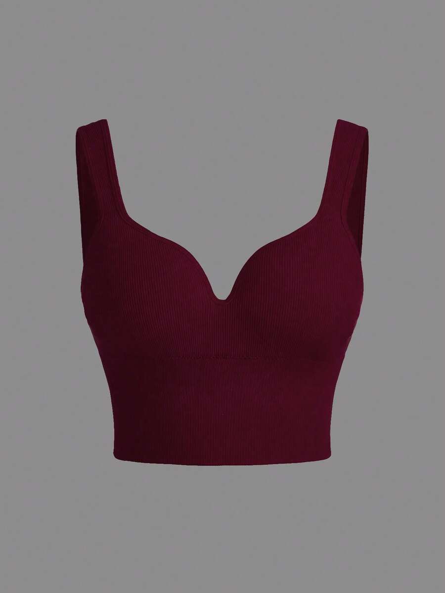 SHEIN Rhythm Era Plus Size Women Solid Color Sports Bra Built In Tops Tops Curve Built In Bra Tops - Burgundy - View 1