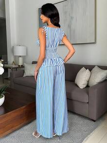 Vavine 女士条纹系带露肩无袖上衣和阔腿裤两件套 - 藍白色 - 查看 2