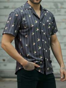 EGENSIO Men's Black Rose Striped Print Button-Front Short Sleeve Shirt - Black - View 3