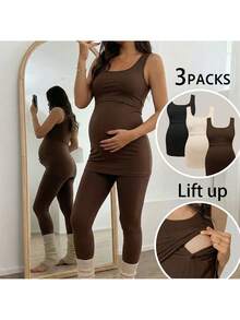 孕妇哺乳三件装纯色圆领背心 - 彩色 - 查看 10