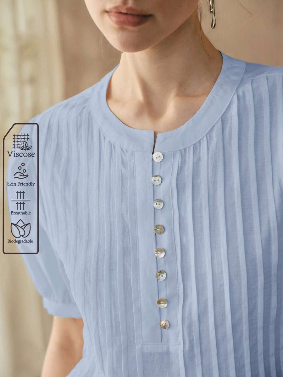 SHEIN 女士粘胶纤维梭织面料圆领插肩袖条纹休闲衬衫 - 淺藍色 - 查看 1