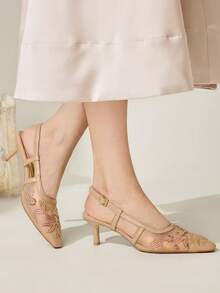 CUCCOO CHICEST Women's Embroidered Mesh Beaded Square Toe Mid-Heel Ankle Strap Pumps, Elegant Party Wear Wedding Shoes Summer Shoes Bride Shoes - Apricot - View 5