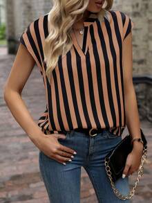 SHEIN LUNE Striped Print Cutout Collar Casual Short Sleeve Shirt - Coffee Brown - View 6