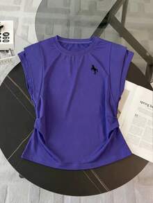Resyla 女士紫色两件套，荷叶袖设计 - 圆领马图案上衣搭配直筒半身裙 - 时尚休闲夏季家居服 - 松紧腰带 - 青春街头风 - 紫色 - 查看 7