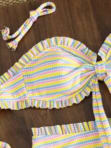 Swim Mod Women's Summer Striped Textured Fabric Spaghetti Strap Ruffle Trim Bandeau Bikini Set - Multicolor - View 2