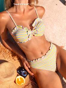 Swim Mod Women's Summer Striped Textured Fabric Spaghetti Strap Ruffle Trim Bandeau Bikini Set - Multicolor - View 1