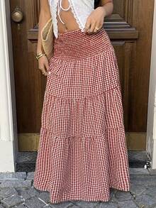 Sunnyshic Women's Elegant Casual Vacation Versatile Daily Wear Fashionable Plaid Fabric Waist Tie Cinched Waist Long Skirt, Spring/Summer - Multicolor - View 7