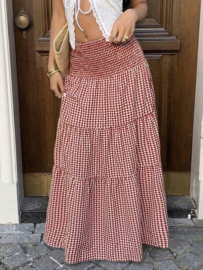 Sunnyshic Women's Elegant Casual Vacation Versatile Daily Wear Fashionable Plaid Fabric Waist Tie Cinched Waist Long Skirt, Spring/Summer