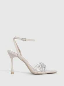 CUCCOO SZL Sandalias de tacón alto con puntera abierta para mujer, de estilo elegante y sexy, con tira de tobillo, adecuadas para fiestas, banquetes y discotecas. Diseño con tacón de aguja, pedrería transparente y color albaricoque, perfectas para primavera/verano. - Beis - Ver 4