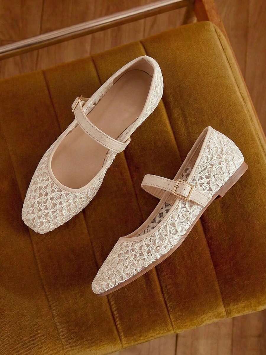 ADAMUMU 女士时尚方头休闲聚会办公室扣带透气编织镂空网眼舒适一脚蹬平底鞋，杏色 - 杏色 - 查看 1