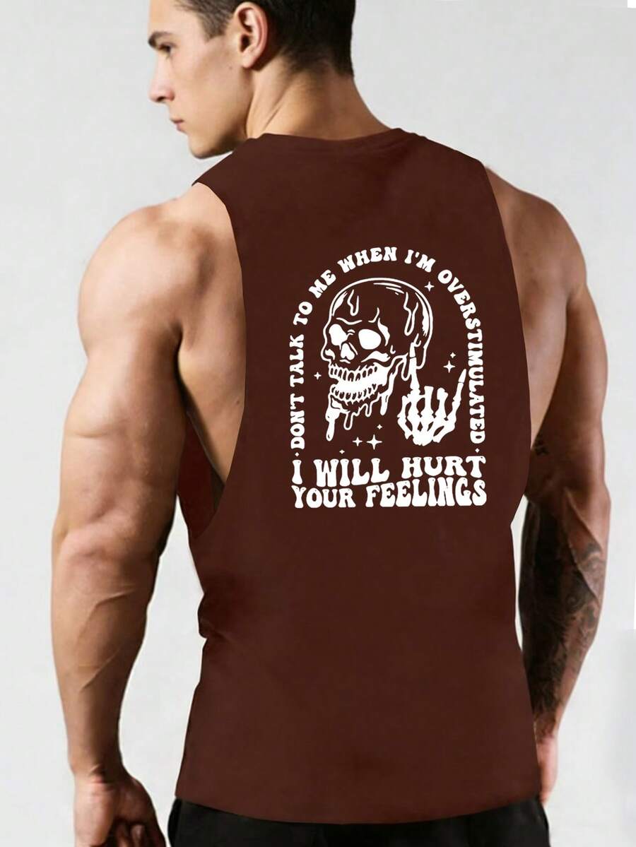 GymBeat Áo tank top thể thao mùa hè cổ tròn in chữ và đầu lâu dành cho nam - Cà phê nâu - Xem 1