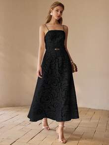 MOTF PREMIUM Vestido elegante francés, vestido de línea A con estampado de jacquard de flores de rosa sin tirantes para damas - Negro - Ver 4