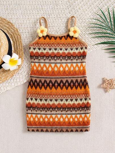 Travachic KIDS Đầm hai dây dệt kim họa tiết hình học dễ thương cho bé gái mùa hè, thích hợp cho kỳ nghỉ.