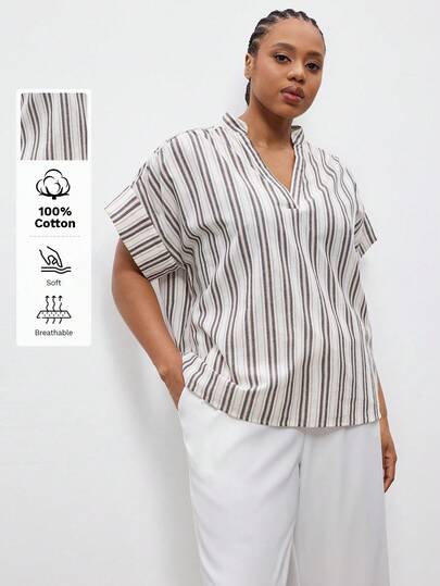 Maija Camisa holgada de tela suave y cómoda con rayas para mujer de talla grande, con cuello, manga corta, detalles a rayas, ropa casual de crucero con sensación de lujo minimalista