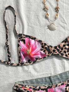 Swim Vcay 春夏数码印花无钢圈露背吊带泳衣和泳裤女士沙滩度假泳装比基尼套装 - 彩色 - 查看 3