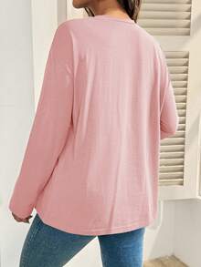 Áo thun cho con bú cổ tròn tay dài in chữ - Hồng - Xem 4