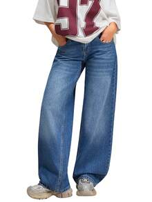 SHEIN Quần jean ống rộng túi chéo - Rửa trung bình - Xem 2