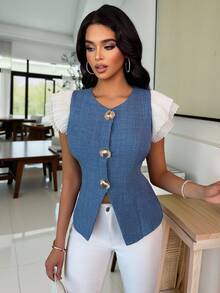 Vavine Women's Metal Shell Button Ruffle Sleeve Fashionable Blouse - Blue - View 1