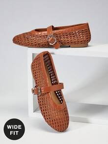 SHUZIA Ladies Wide Fit Crochet Woven PU Mary Jane Flats - Mocha Brown - View 5
