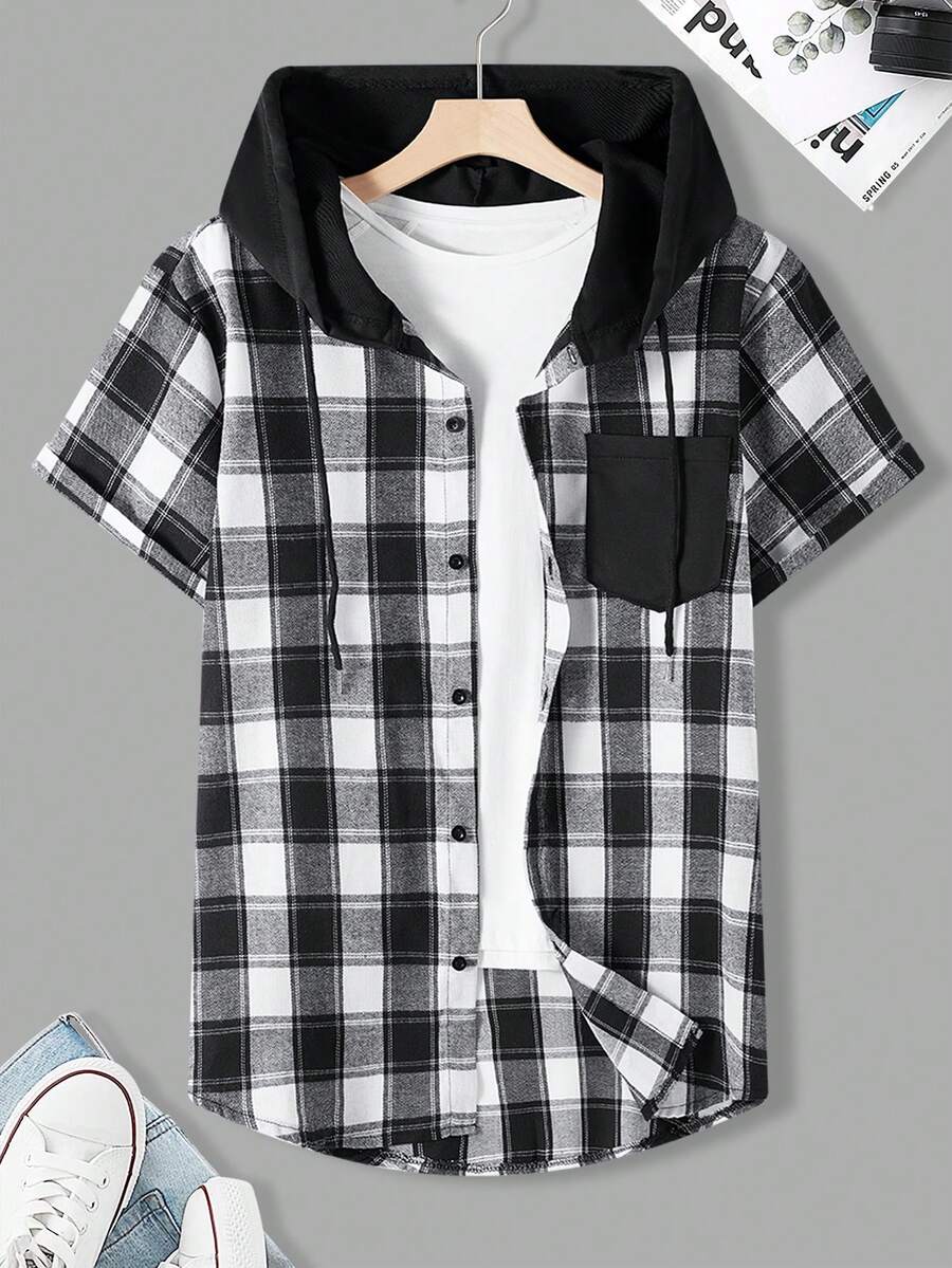 Manfinity Homme Kemeja Pria Ukuran Besar Lengan Pendek Kotak-kotak Kancing Tunggal dengan Saku dan Tudung - MultiWarna - View 1