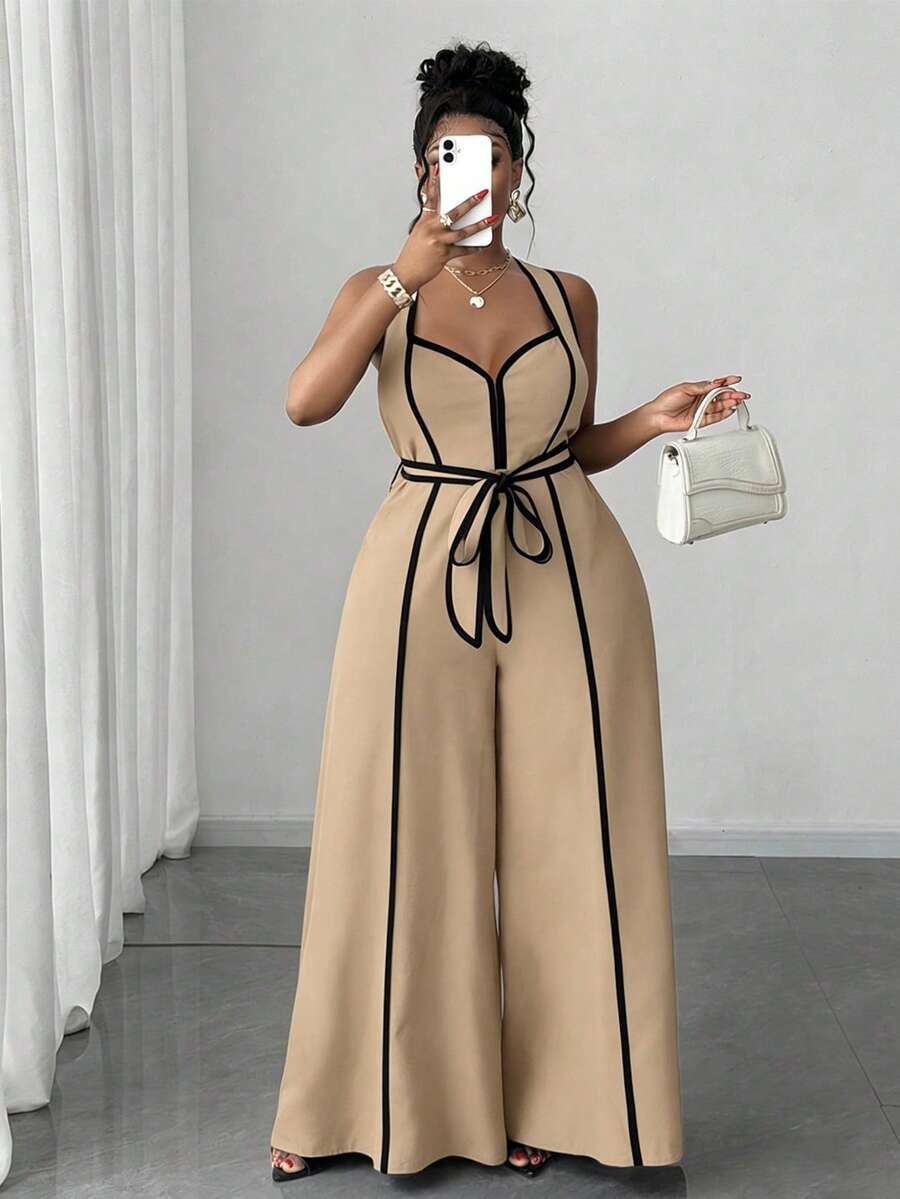 Maweii Plus Size Sexy Off-The-Shoulder Bow Jumpsuit - Khaki - View 1