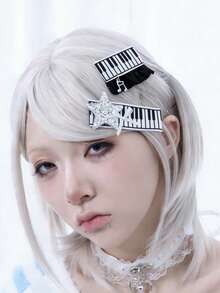 ROMWE Anime 2 Kẹp tóc hình phím đàn piano đen trắng dễ thương, kẹp tóc hình ngôi sao nốt nhạc kiểu retro, kẹp mỏ vịt hình nơ, thiết kế kẹp tóc hình nốt nhạc cho hàng ngày. - Đen bạc - Xem 2