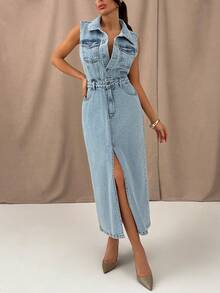 Woman's Sleeveless Button Front Washed Blue Denim Midi Dress With Casual Style - Light Wash - View 4