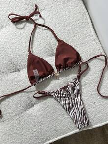 Swim Mod Bộ bikini nữ mùa xuân/hè họa tiết da báo, kiểu cổ yếm, đính trang sức kim loại. - Nhiều màu - Xem 3