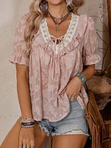 LanaWest Women's Western Casual Woven Textured Fabric Contrast Lace Trim Ruffle Hem Short Sleeve Blouse - Dusty Pink - View 5