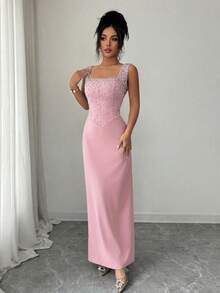 SHEIN Elenzya 无袖方领收腰珍珠水钻装饰优雅浪漫修身连衣裙，适合派对、婚礼等场合。 - 藕粉色 - 查看 6