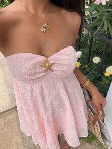 Sunnyshic Women's Pink Chiffon Jacquard Metal Starfish Strapless Backless A-Line Babydoll Mini Dress,Elegant Sexy Summer Tropical Vacation Holiday Wedding Party - Pink - View 5
