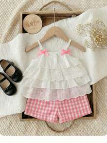 Ensemble Top à volants et short à carreaux mignon pour vacances d'été pour bébé fille - Rose bonbon - Voir 9