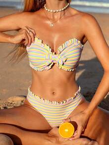 Swim Mod Women's Summer Striped Textured Fabric Spaghetti Strap Ruffle Trim Bandeau Bikini Set - Multicolor - View 3