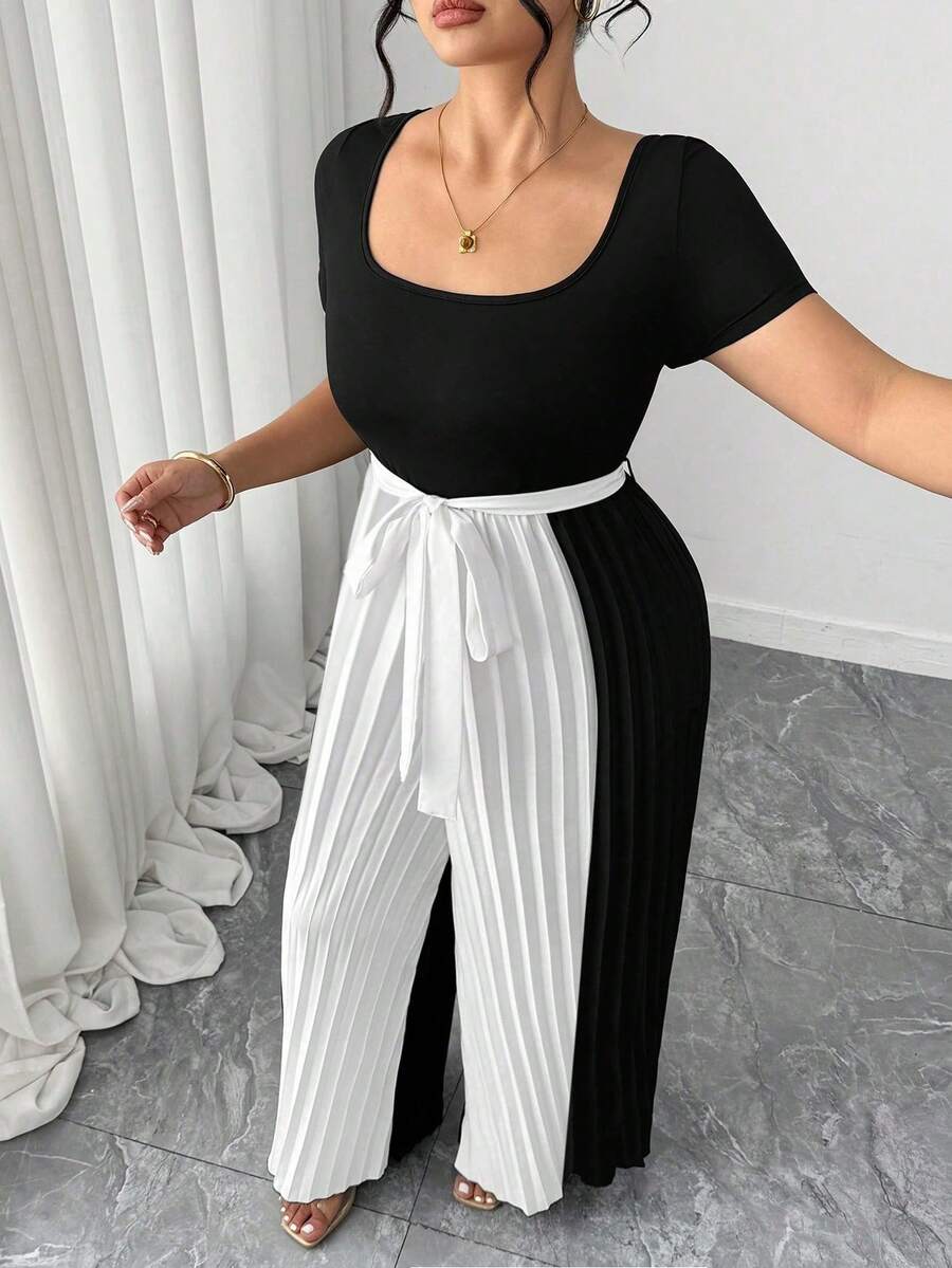 Elenzga Mono de pierna ancha con cuello cuadrado, manga corta, bloque de color y parches plisados para mujer de talla grande - Negro - Ver 1