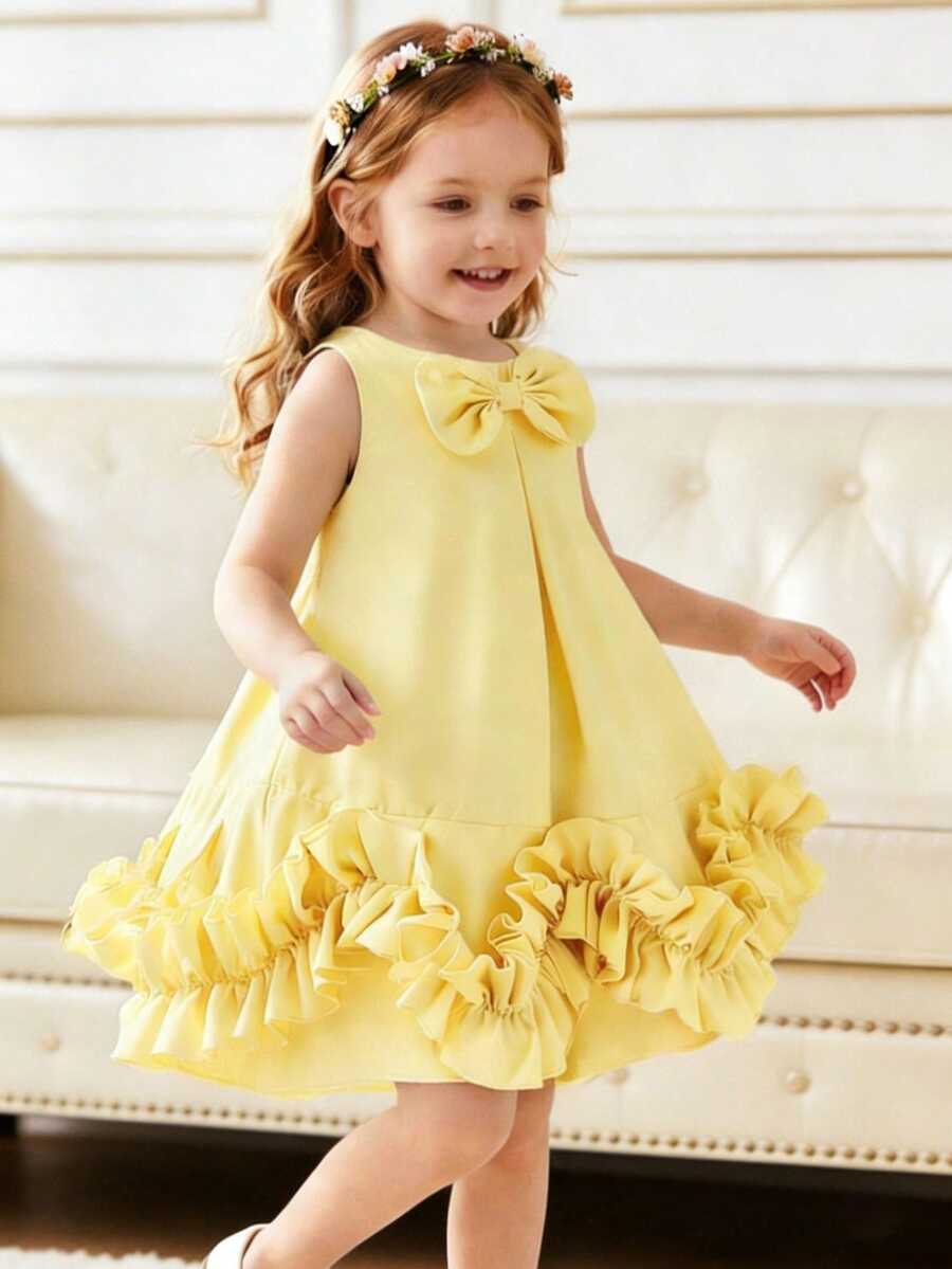 SHEIN Glamorique Kids Young Girls Elegant Princess Sleeveless Mid-Length Dress, Suitable For Outings, Parties And Other Occasions - Yellow - View 1