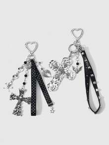 ROMWE 2 perles acryliques rondes personnalisées style Y2K, punk rétro gothique, avec motifs d'ailes de démon, d'étoiles, de crânes et de croix noires. Sangles avec rivets pour porte-clés, sacs à main, etc. Convient pour les femmes, les filles, les sœurs et les petites amies, pour un usage quotidien ou en cadeau. - Noir-25 - Voir 15