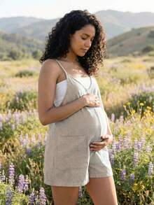 Boho Mama Maternity Summer Casual Vacation Striped Print Jumpsuit - Coffee Brown - View 2