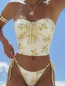 SHEIN Swim Mod 甜美女孩沙滩抽绳设计抹胸式比基尼套装 - 彩色 - 查看 3