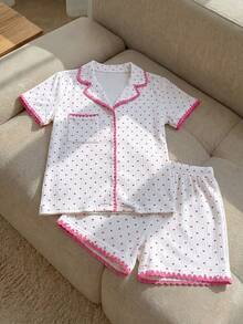 Resyla Allover Heart Print Contrast Binding PJ Set / Pajama Set White Set - White - View 3