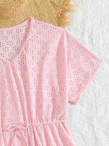 SHEIN 少女可爱粉色钩针编织罩衫，V领短袖，彩色流苏下摆，时尚休闲优雅，适合游泳、夏季度假、海滩、泳池派对 - 粉色 - 查看 4