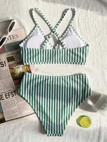 Travachic KIDS Tween Girls' Casual Beach Vacation Retro Polyester Fabric Digital Printed Green Striped Criss-Cross Strap Bikini Set - Green - View 2