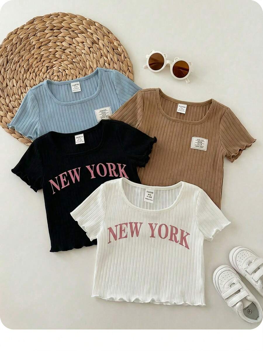 SHEIN Áo thun ngắn tay dệt kim màu trơn dễ thương cho bé gái, nhiều màu - Nhiều màu - Xem 1